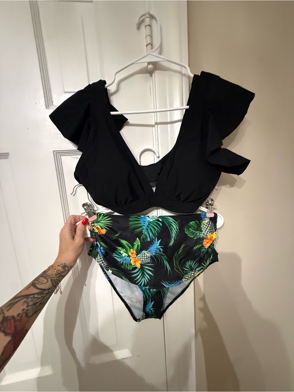 Black Ruffle High-Waist Tropical Print Bikini